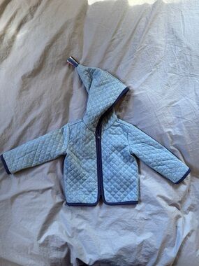 Hanna Andersson Quilted Light Blue Hooded Puffer with Navy Trim